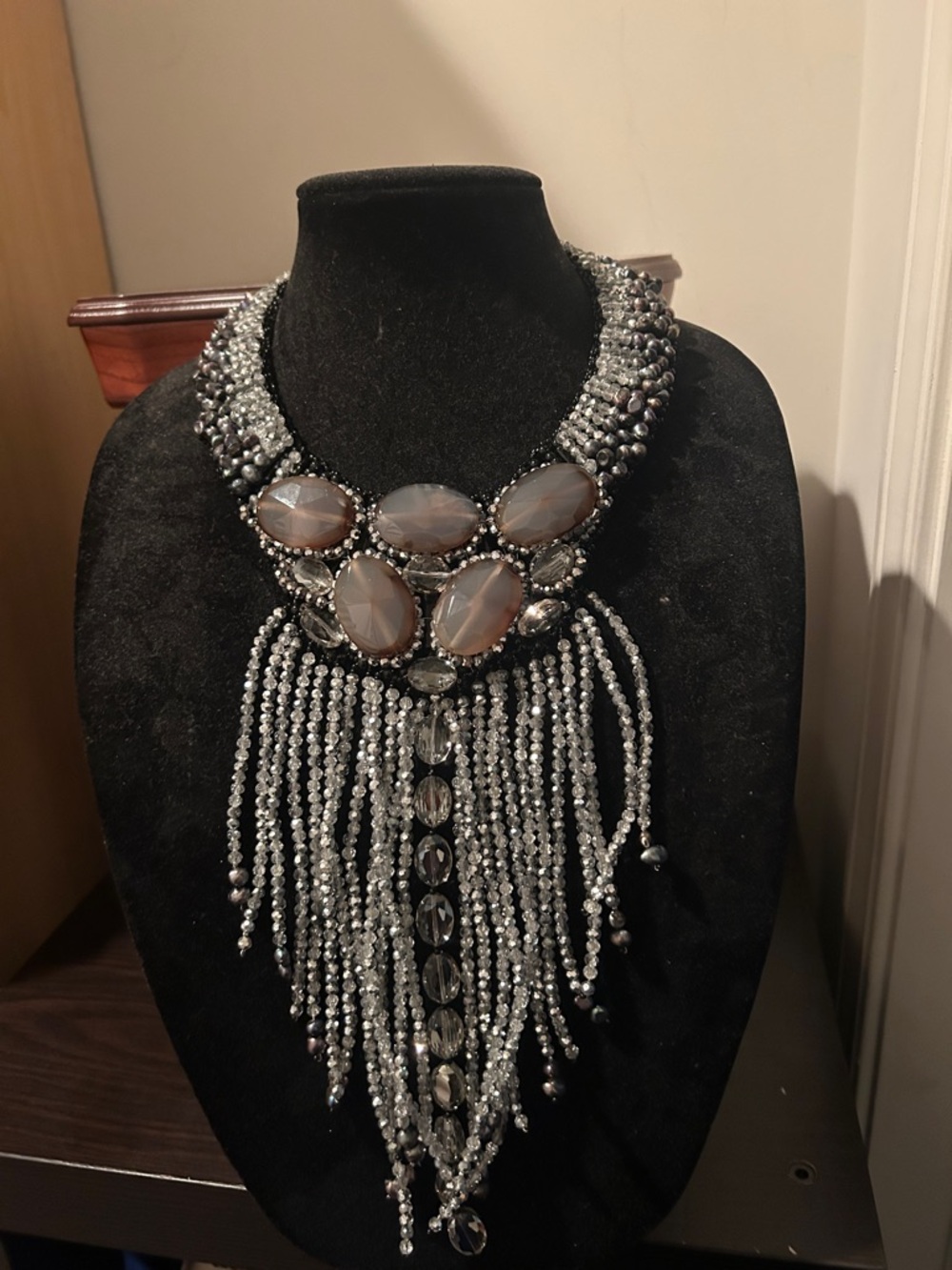 Ananda Design Silver-Gray Beaded Fringe Statement Necklace